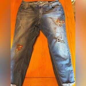 Plus size 18W floral Embroidered Blue Jeans with distressing.